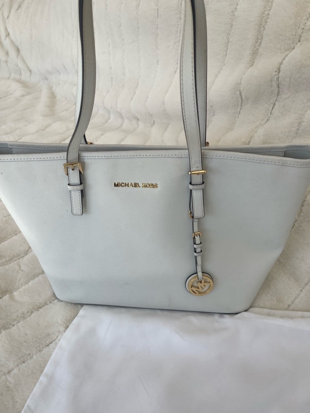 Michael Kors Light White Saffiano Leather Tote with Gold Hardware